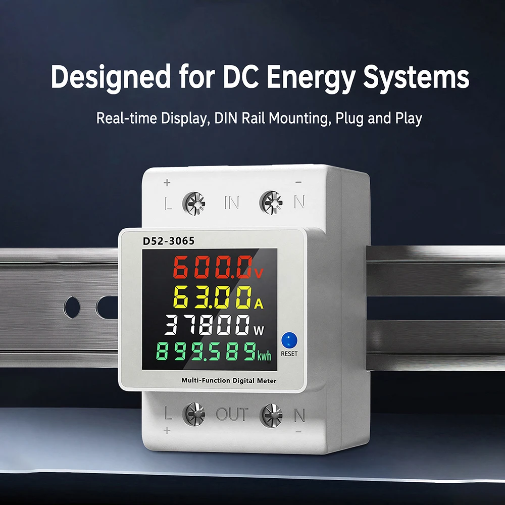 D52-3065 DIN Rail Electric Energy Meter DC14-600V 63A Voltage Current Power Monitor with LCD Display for Electrical Tool