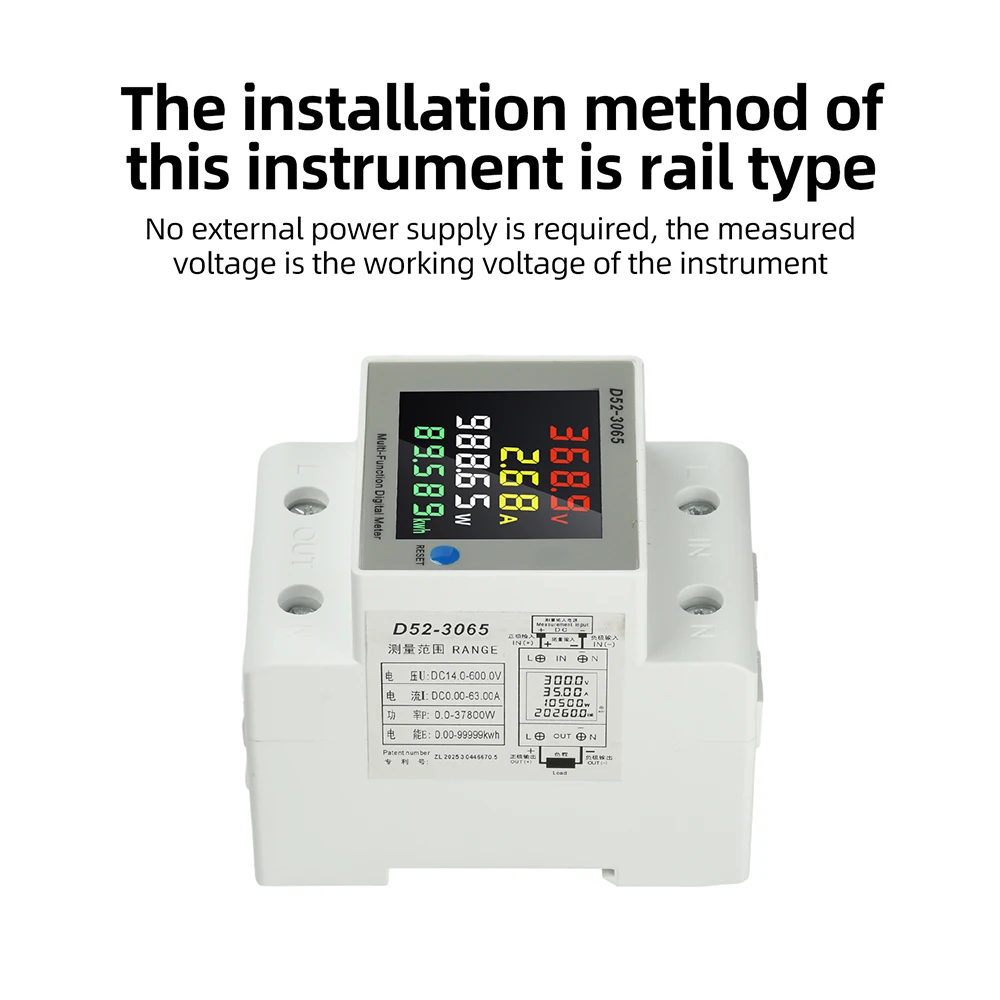 D52-3065 DIN Rail Electric Energy Meter DC14-600V 63A Voltage Current Power Monitor with LCD Display for Electrical Tool