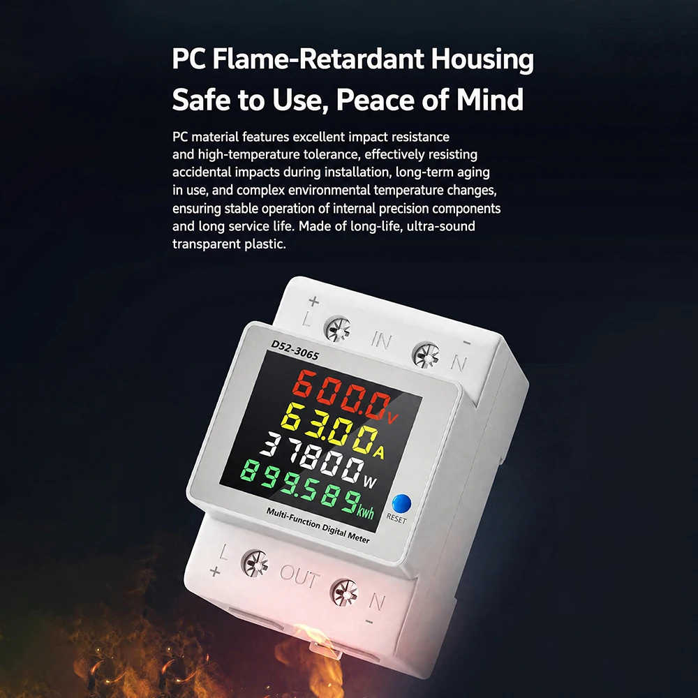 D52-3065 DIN Rail Electric Energy Meter DC14-600V 63A Voltage Current Power Monitor with LCD Display for Electrical Tool