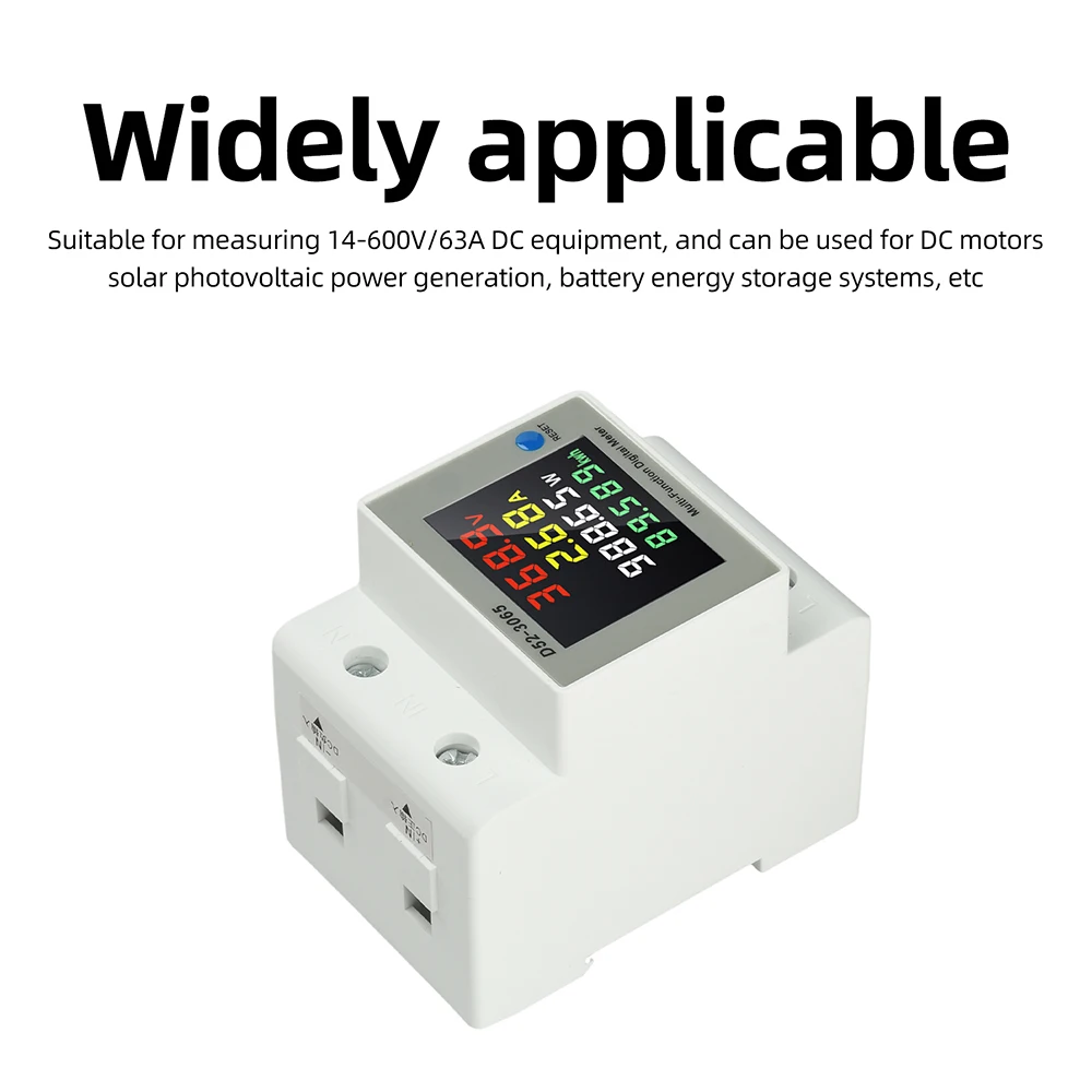 D52-3065 DIN Rail Electric Energy Meter DC14-600V 63A Voltage Current Power Monitor with LCD Display for Electrical Tool