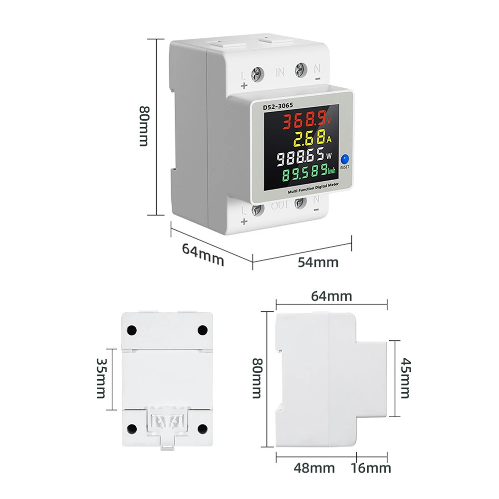 D52-3065 DIN Rail Electric Energy Meter DC14-600V 63A Voltage Current Power Monitor with LCD Display for Electrical Tool