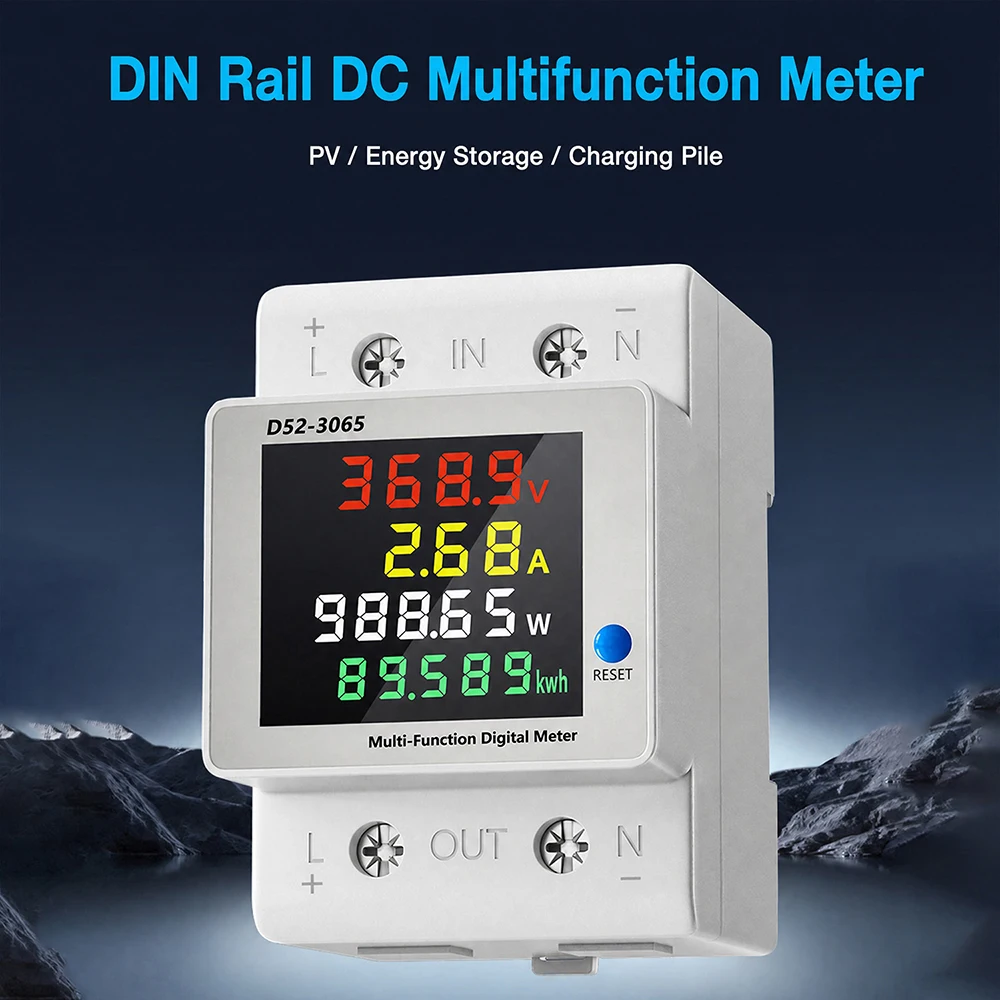 D52-3065 DIN Rail Electric Energy Meter DC14-600V 63A Voltage Current Power Monitor with LCD Display for Electrical Tool