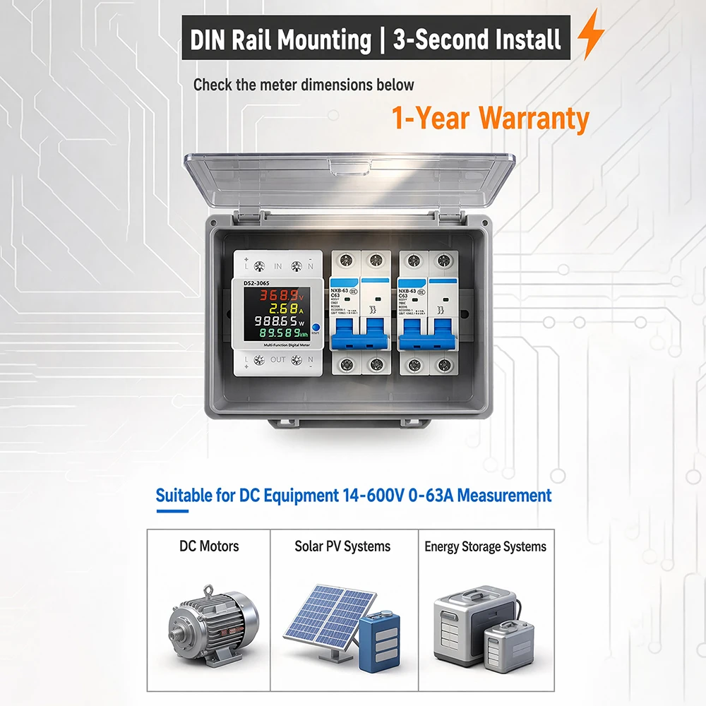 D52-3065 DIN Rail Electric Energy Meter DC14-600V 63A Voltage Current Power Monitor with LCD Display for Electrical Tool