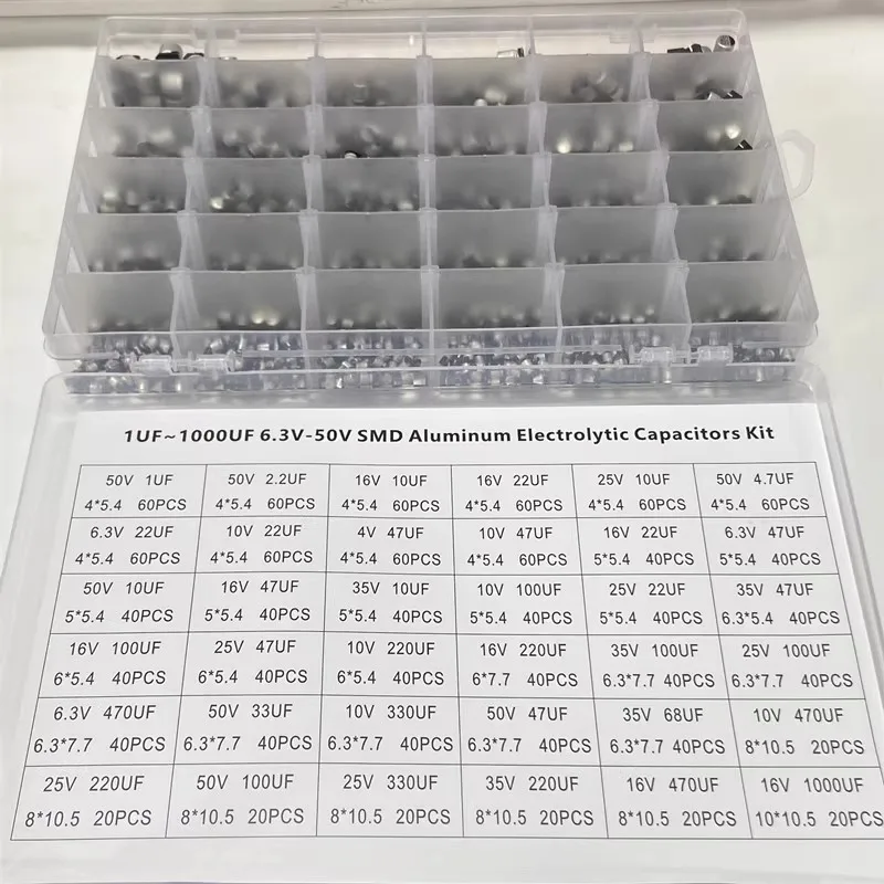 1500pcs 1UF-1000UF 6.3V-50V SMD Aluminum Electrolytic Capacitors Kit SMD Sample Box