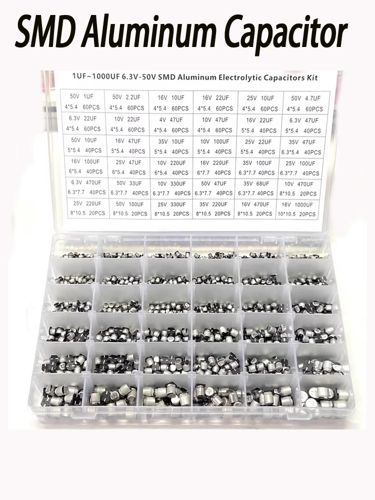 1500pcs 1UF-1000UF 6.3V-50V SMD Aluminum Electrolytic Capacitors Kit SMD Sample Box
