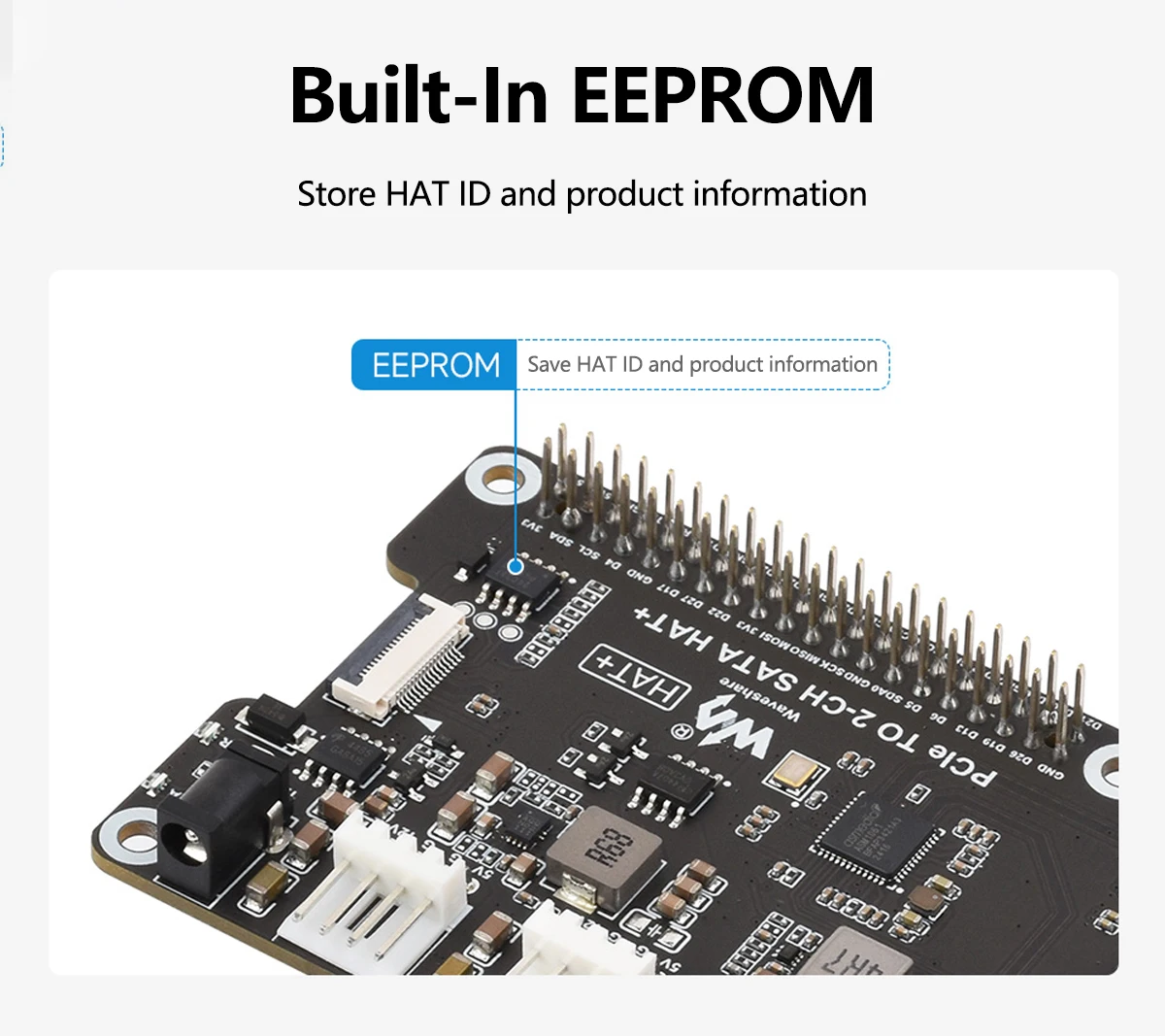 Waveshare PCIe TO 2-CH SATA HAT+ Raspberry Pi 5 PCIe to SATA Expansion Board with EEPROM HAT+