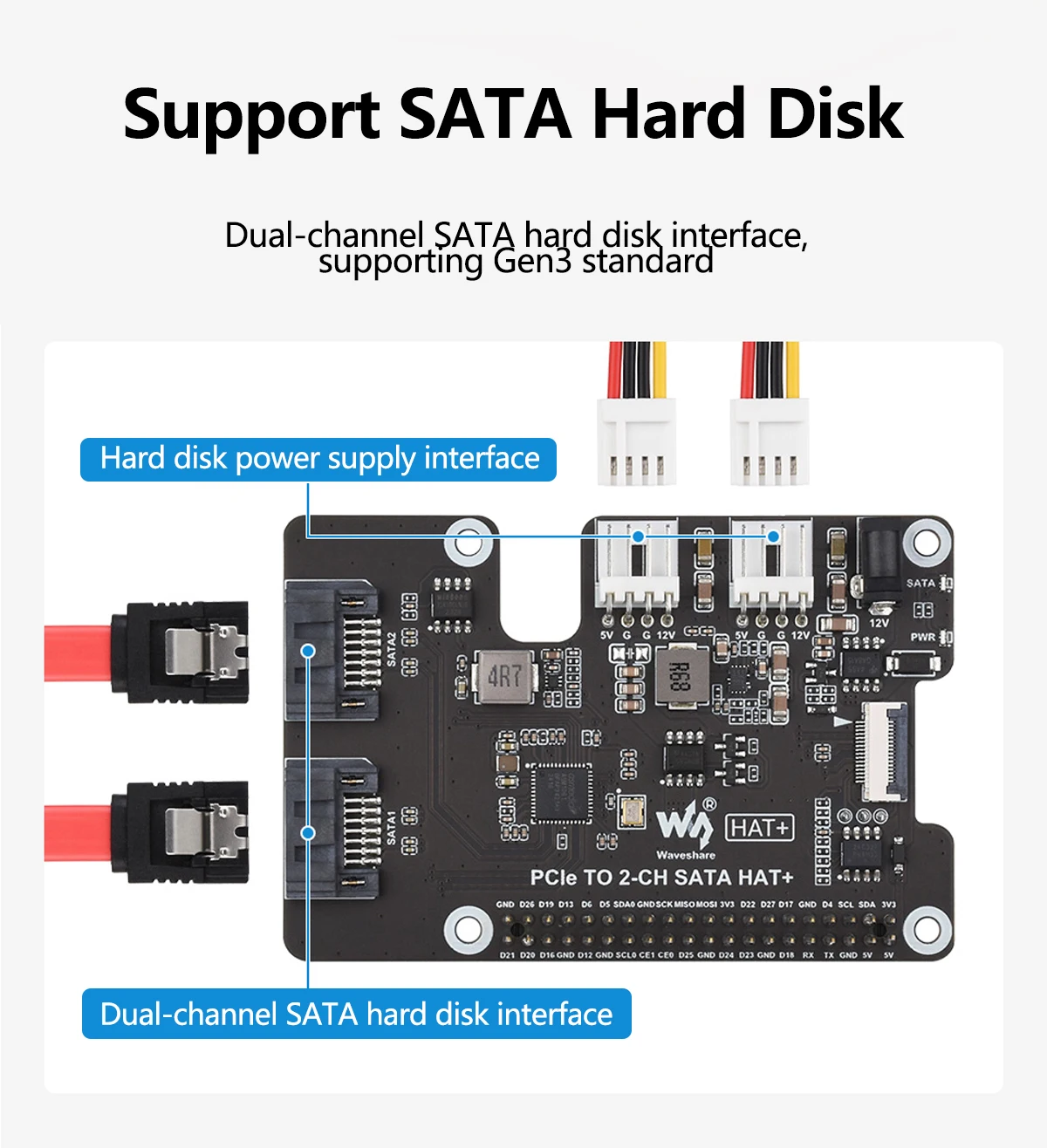 Waveshare PCIe TO 2-CH SATA HAT+ Raspberry Pi 5 PCIe to SATA Expansion Board with EEPROM HAT+
