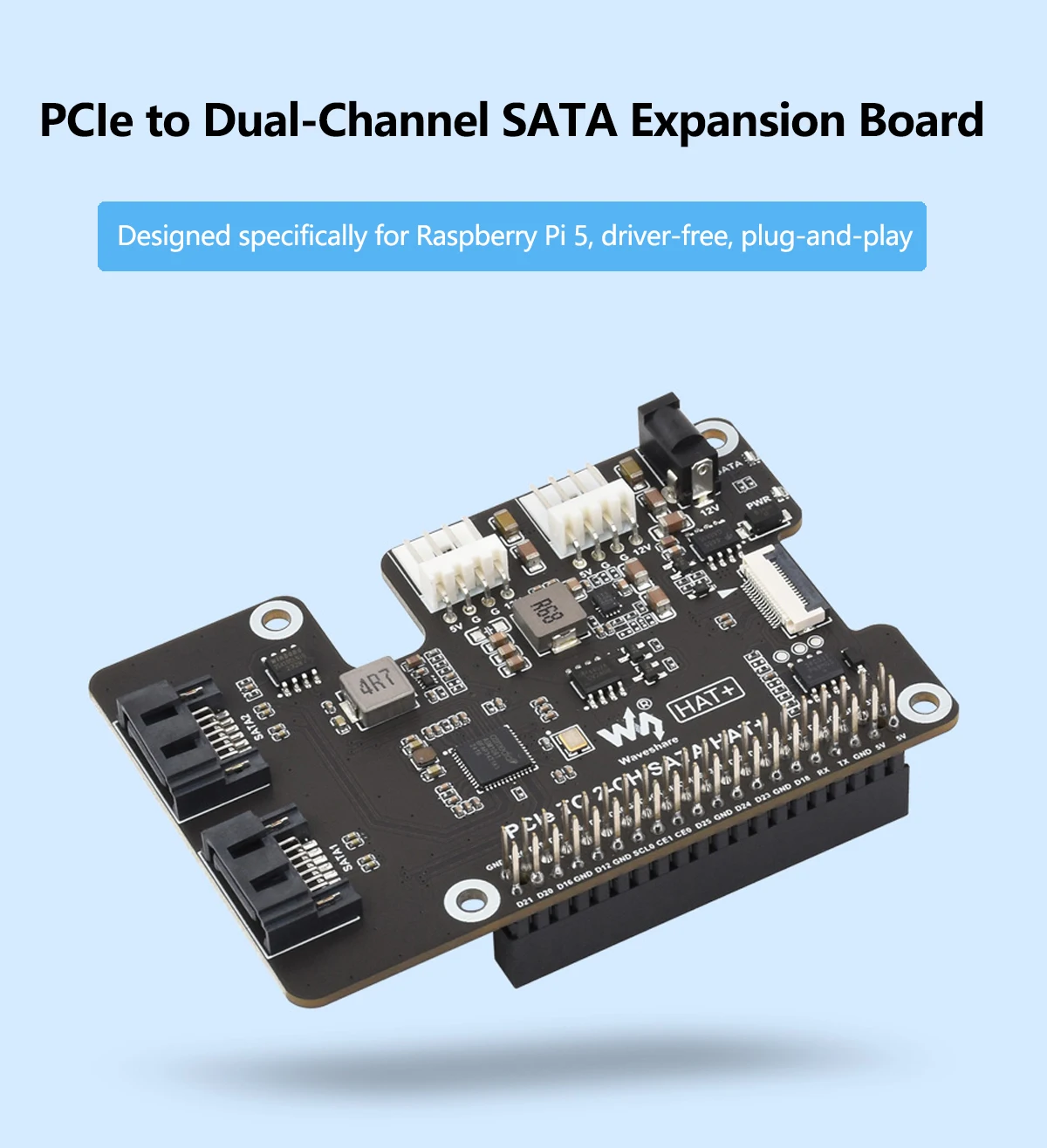 Waveshare PCIe TO 2-CH SATA HAT+ Raspberry Pi 5 PCIe to SATA Expansion Board with EEPROM HAT+