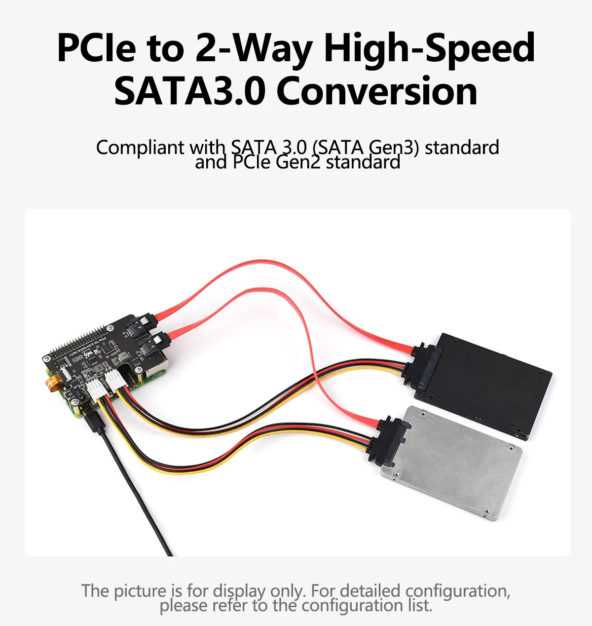 Waveshare PCIe TO 2-CH SATA HAT+ Raspberry Pi 5 PCIe to SATA Expansion Board with EEPROM HAT+