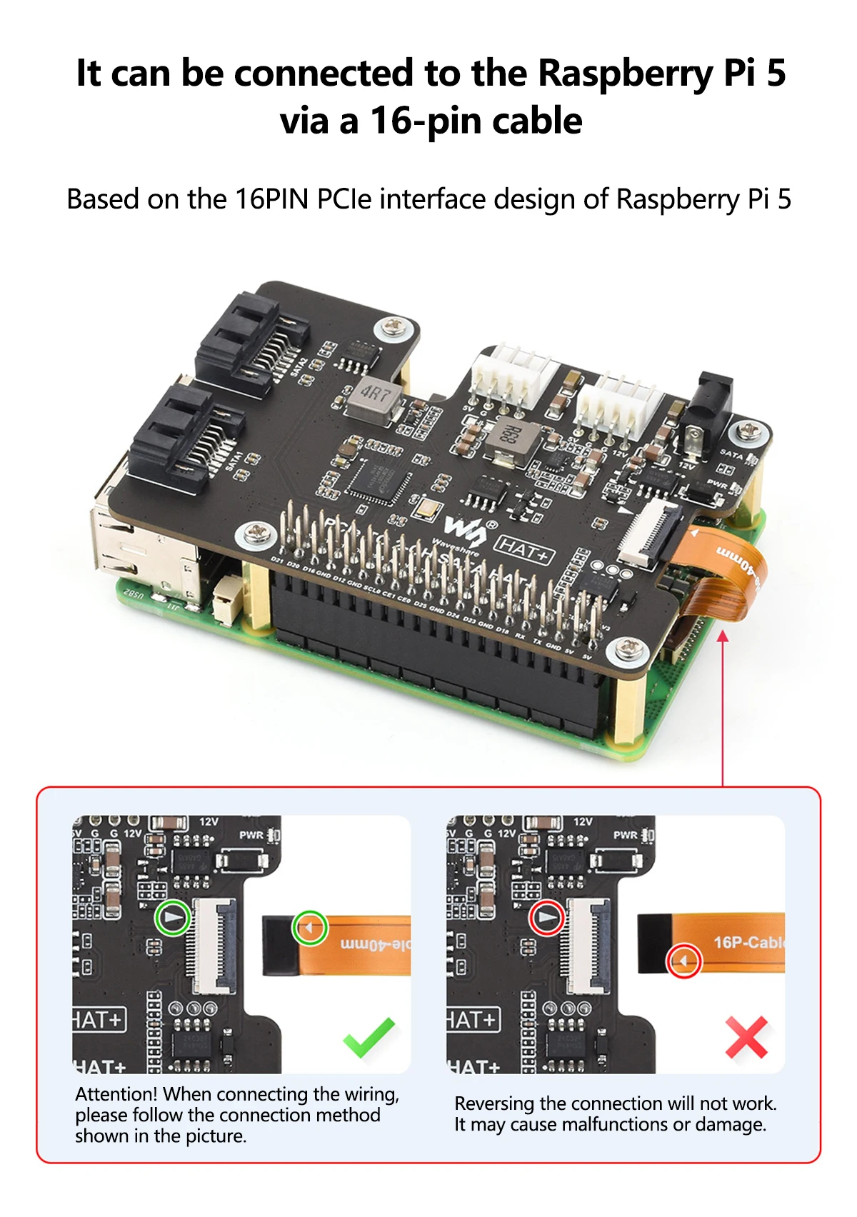 Waveshare PCIe TO 2-CH SATA HAT+ Raspberry Pi 5 PCIe to SATA Expansion Board with EEPROM HAT+