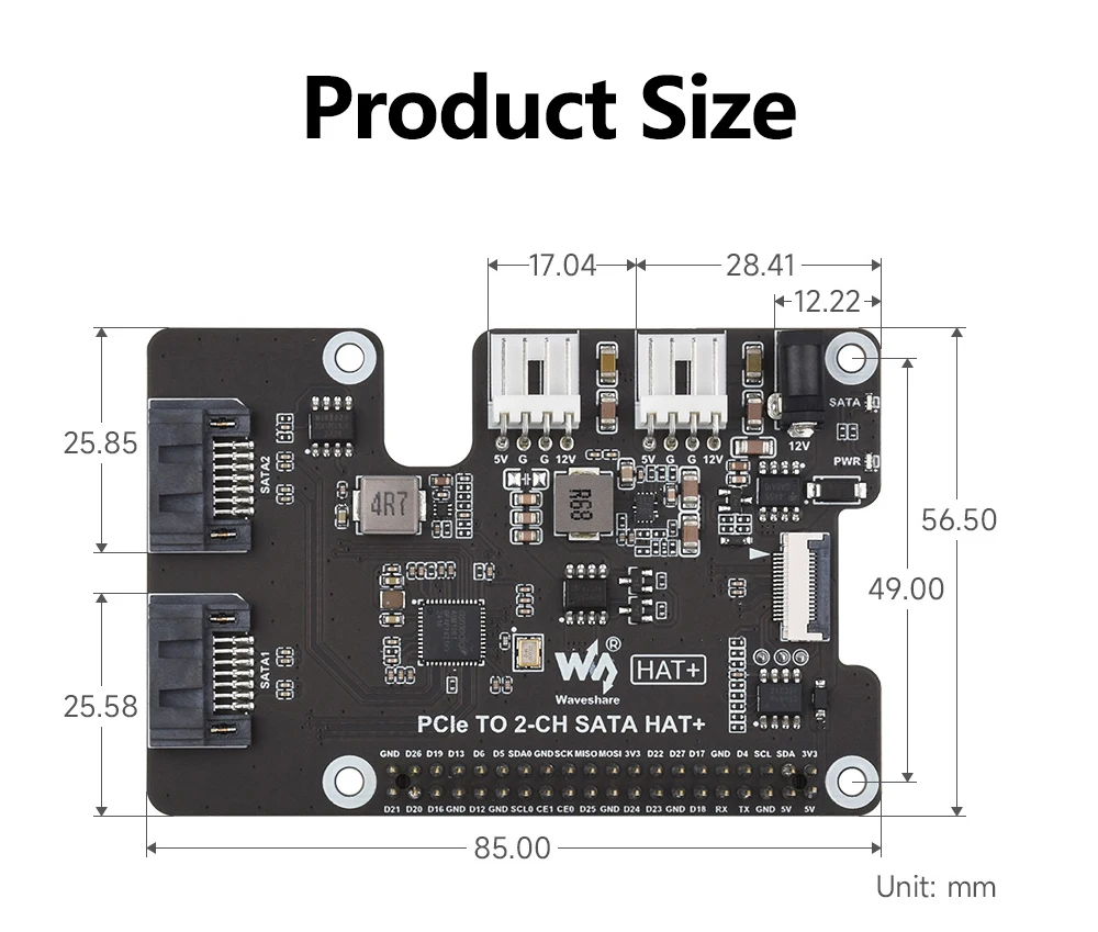 Waveshare PCIe TO 2-CH SATA HAT+ Raspberry Pi 5 PCIe to SATA Expansion Board with EEPROM HAT+