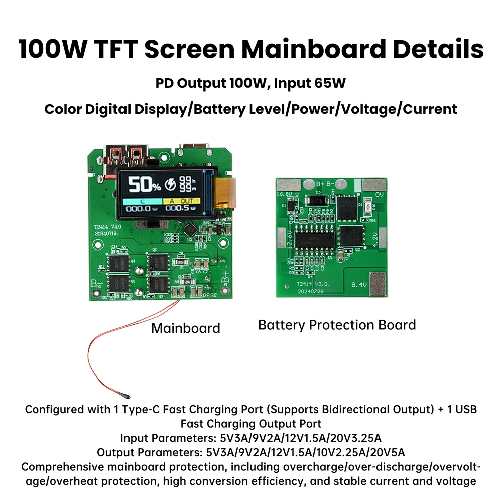 100W Fast Charging Module PD Quick Charge Power Bank Mainboard with TFT Color Display for DIY Portable Charger