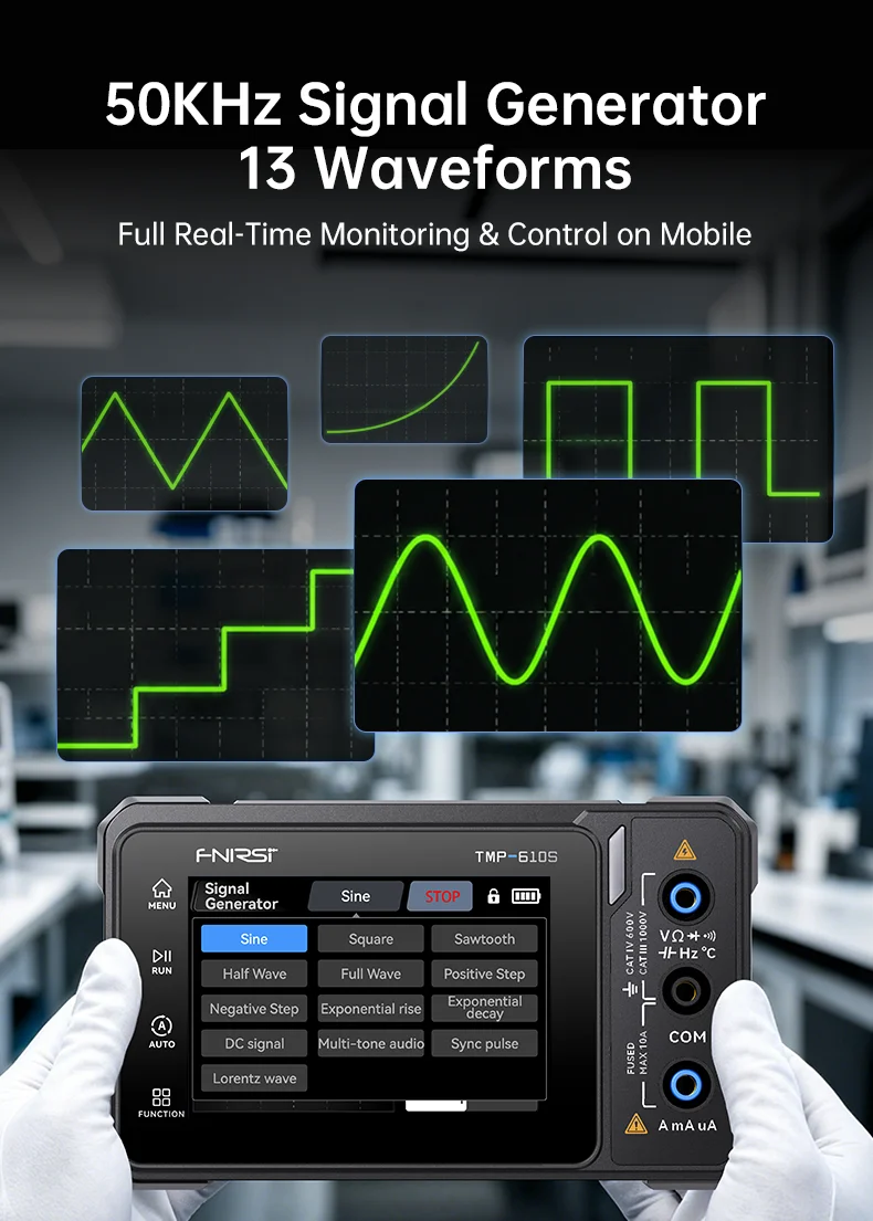 FNIRSI TMP-610S 3-in-1 Digital Multimeter 4.5 Digit 60000 TRMS Counts 10MHz Oscilloscope 50KHz DDS Signal Generator
