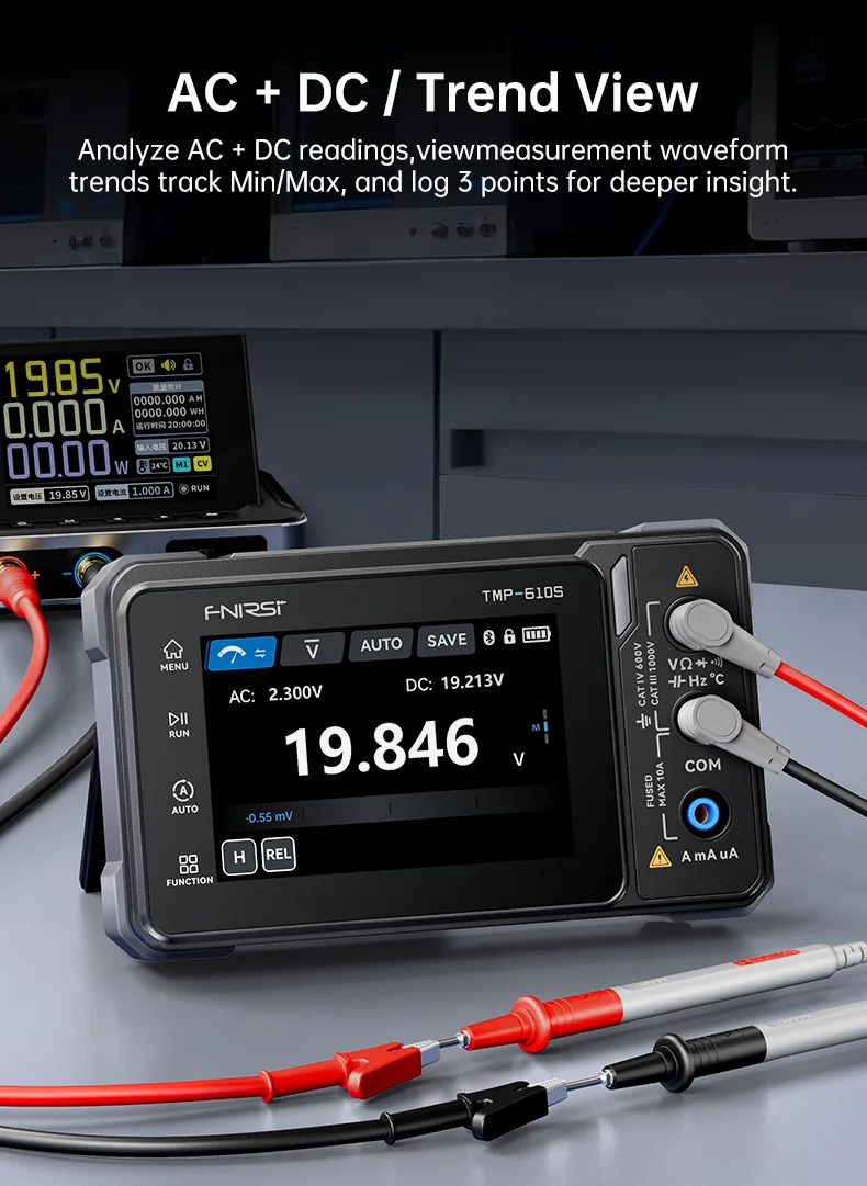 FNIRSI TMP-610S 3-in-1 Digital Multimeter 4.5 Digit 60000 TRMS Counts 10MHz Oscilloscope 50KHz DDS Signal Generator