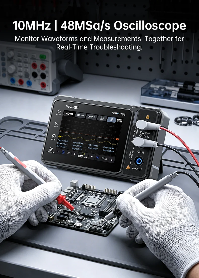 FNIRSI TMP-610S 3-in-1 Digital Multimeter 4.5 Digit 60000 TRMS Counts 10MHz Oscilloscope 50KHz DDS Signal Generator