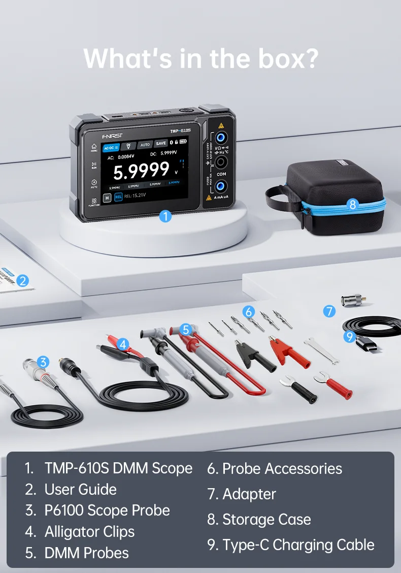 FNIRSI TMP-610S 3-in-1 Digital Multimeter 4.5 Digit 60000 TRMS Counts 10MHz Oscilloscope 50KHz DDS Signal Generator