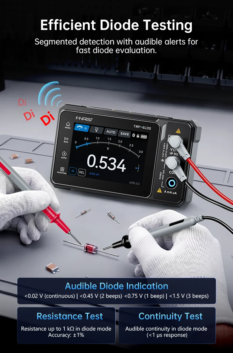 FNIRSI TMP-610S 3-in-1 Digital Multimeter 4.5 Digit 60000 TRMS Counts 10MHz Oscilloscope 50KHz DDS Signal Generator