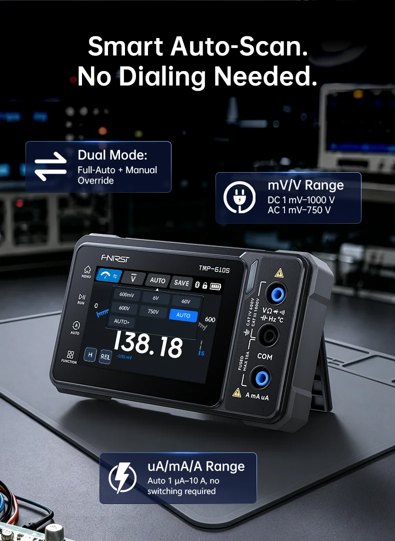 FNIRSI TMP-610S 3-in-1 Digital Multimeter 4.5 Digit 60000 TRMS Counts 10MHz Oscilloscope 50KHz DDS Signal Generator