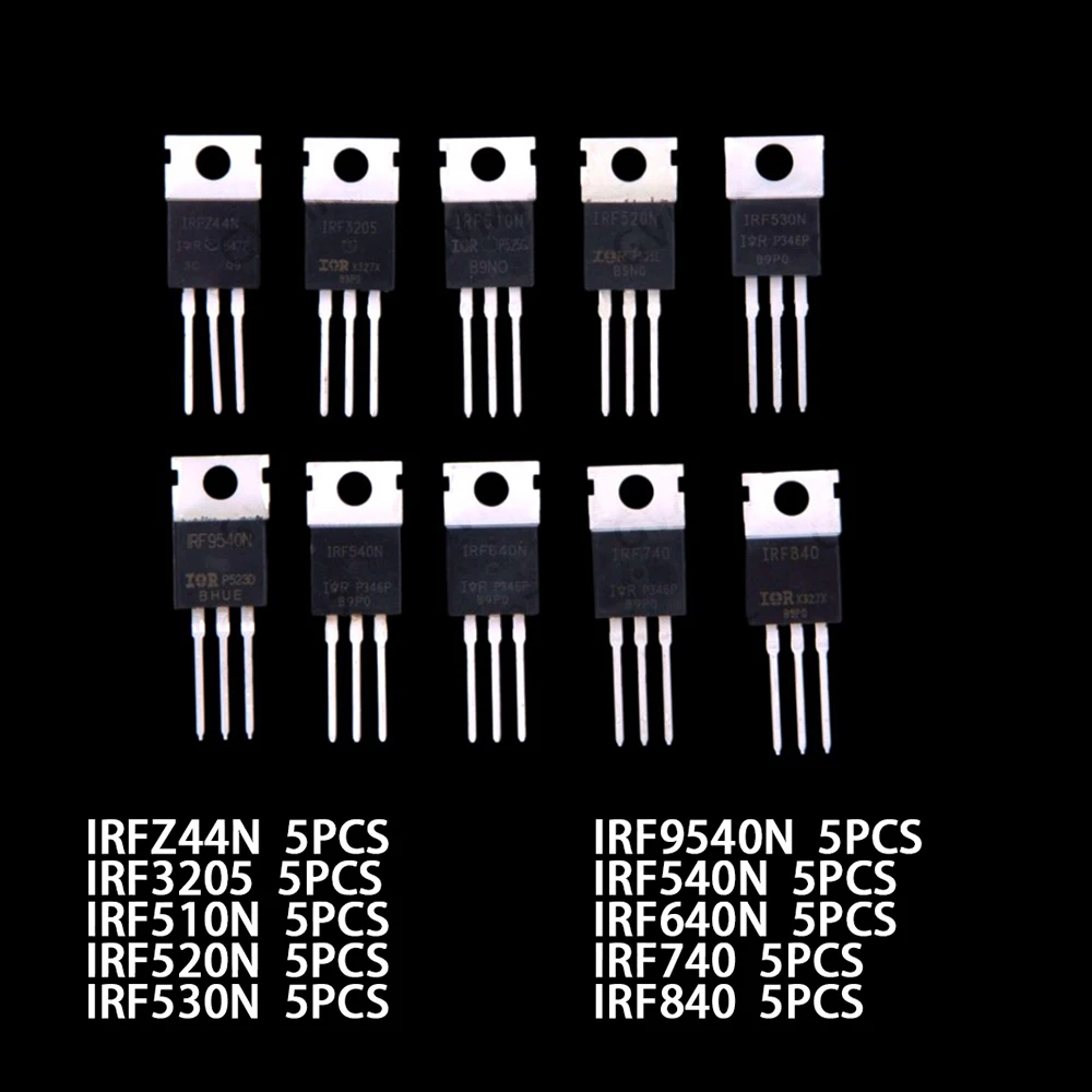10 Values 50 PCS IRF510 IRF520 IRF MOSFET IRFZ44 IRF3205 packaged in through-hole TO-220