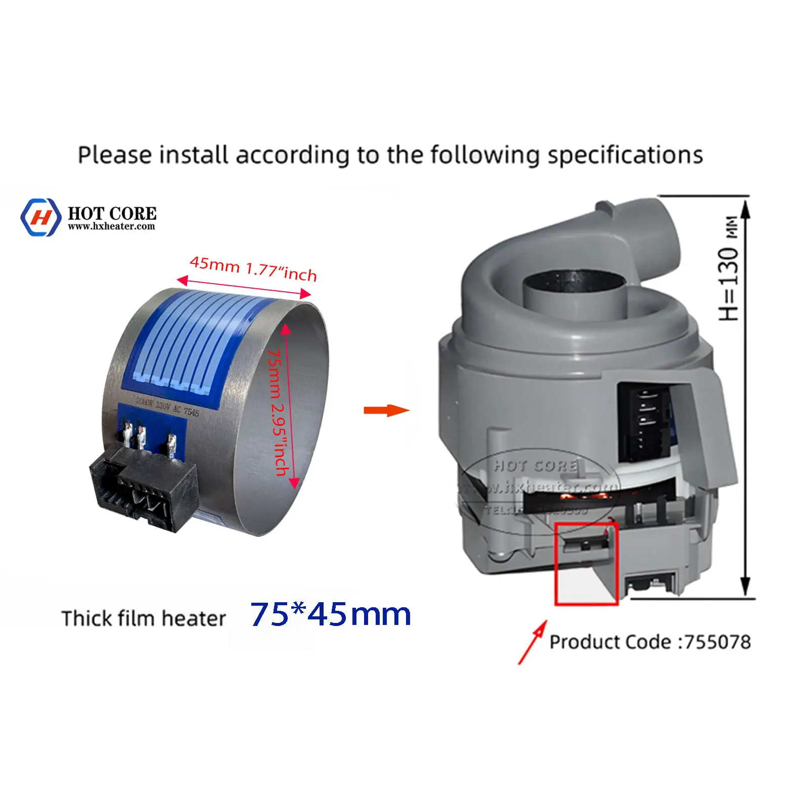 Heater for Bosch / Siemens Dishwasher, This Thick Film Heater for Dishwasher Circulation Pump 7545-7555-8555