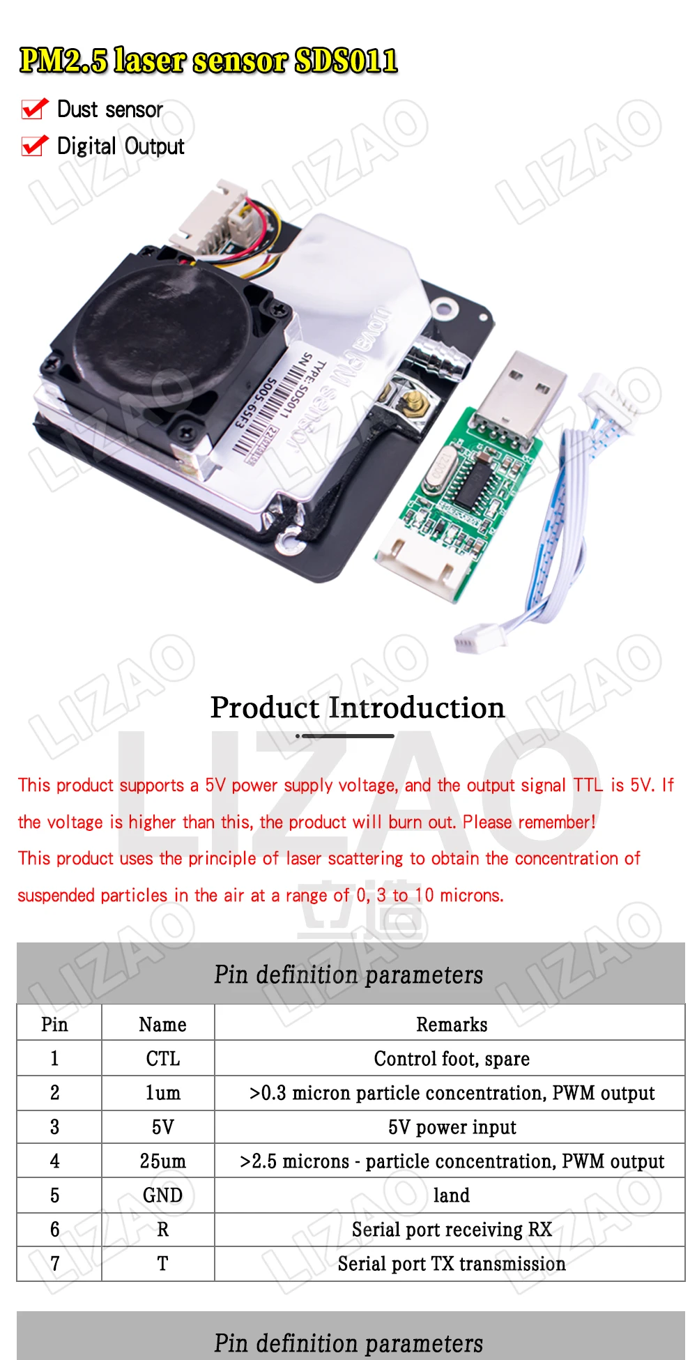 LIZAO SDS011 High Precision Laser PM2.5 Sensor Module Digital UART Output Air Quality Particle Detector