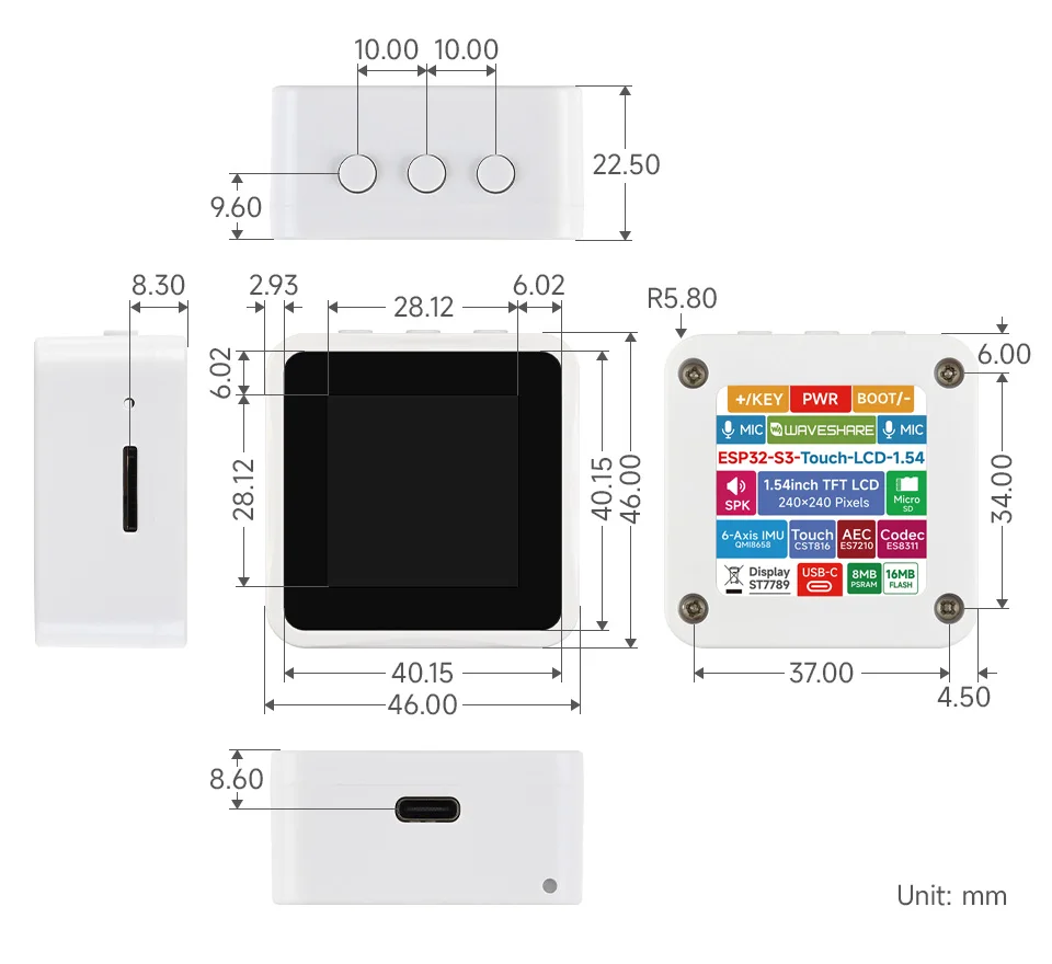 Waveshare ESP32-S3 1.54inch LCD Display Development Board,240×240 Resolution, 262K Color,Supports Dual Microphones,2.4GHz Wi-Fi