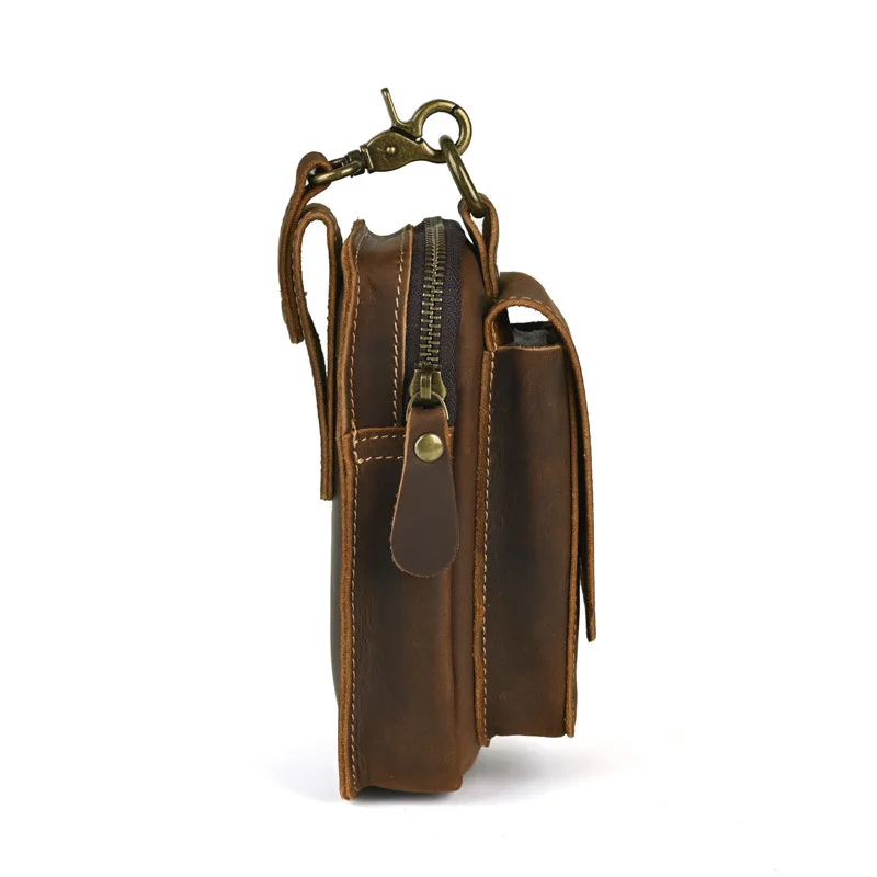 Hardware Clasp Waist Bags Men First Layer Genuine Leather Hang Bag Cowhide Wallets Through the Belt Zipper Retro Phone Purse