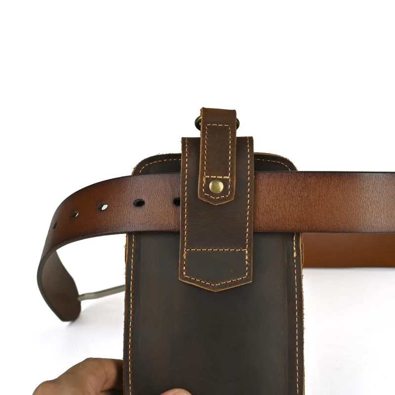 Hardware Clasp Waist Bags Men First Layer Genuine Leather Hang Bag Cowhide Wallets Through the Belt Zipper Retro Phone Purse