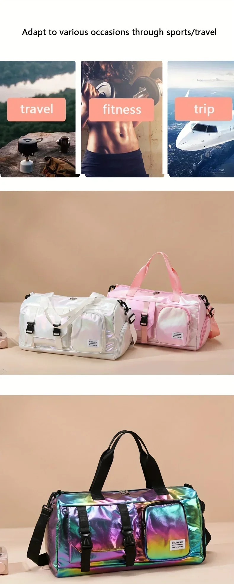 Large Capacity Women'S Nylon Travel Duffel Bag,Weekender Gym Tote with Shoe Compartment, Versatile Sports & Fitness Carry-On