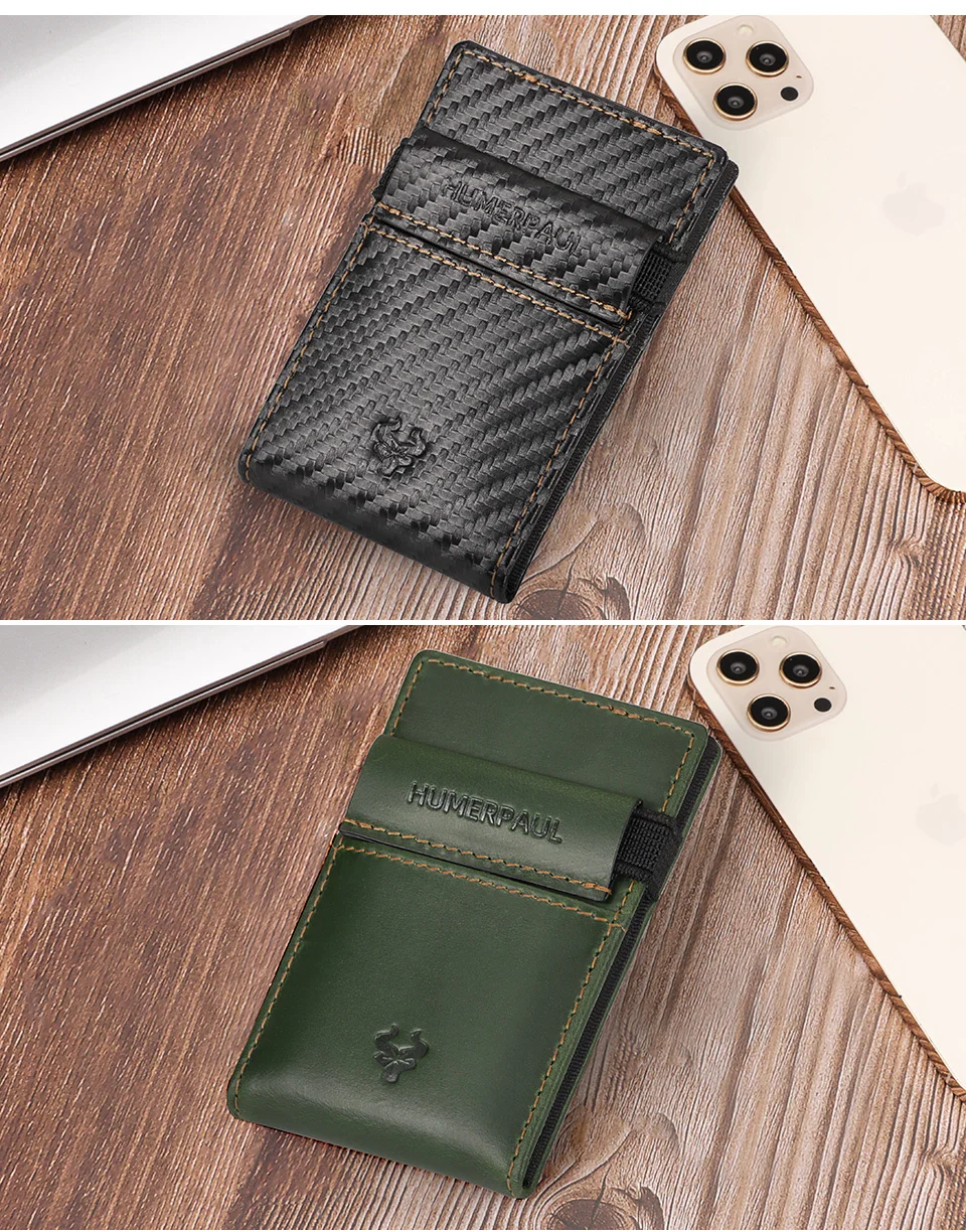 HUMERPAUL Slim RFID Card Holder Wallet for Men Genuine Leather Ultra-thin Money Purse Portable Business ID Banknote Bags