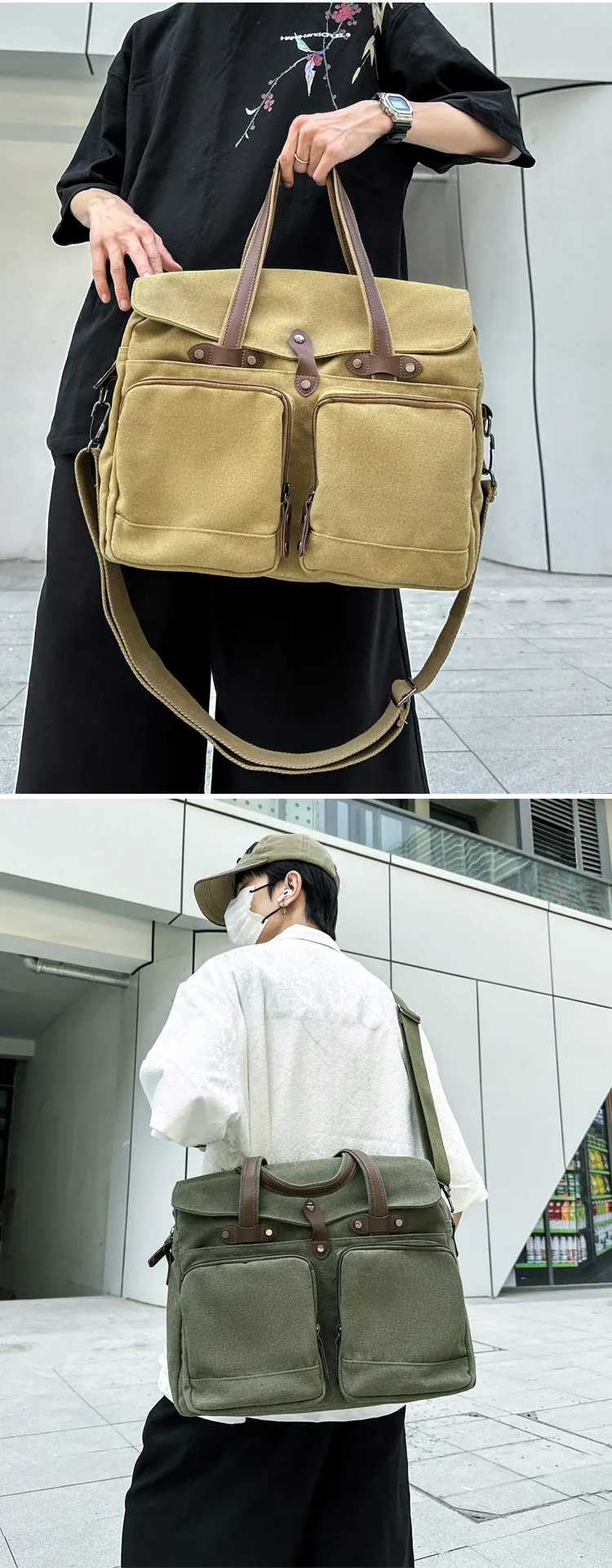 Large Capacity Briefcases Men Travel Bags Canvas Weekend Shoulder Bags Multifunctional Messenger Tote Bags With Long Strape