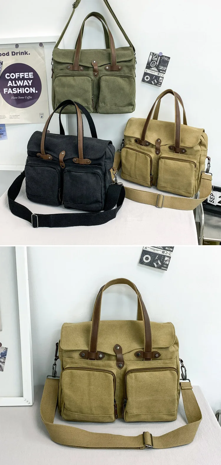 Large Capacity Briefcases Men Travel Bags Canvas Weekend Shoulder Bags Multifunctional Messenger Tote Bags With Long Strape