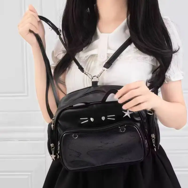 Y2K Korean Japan Kawaii Cat Ita Bag PU Cute Girls Transparent Pocket Aesthetic Shoulder Crossbody Bags Women's Fashion Backpacks