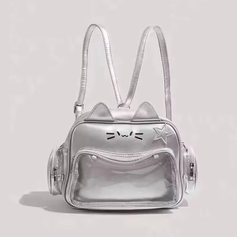 Y2K Korean Japan Kawaii Cat Ita Bag PU Cute Girls Transparent Pocket Aesthetic Shoulder Crossbody Bags Women's Fashion Backpacks