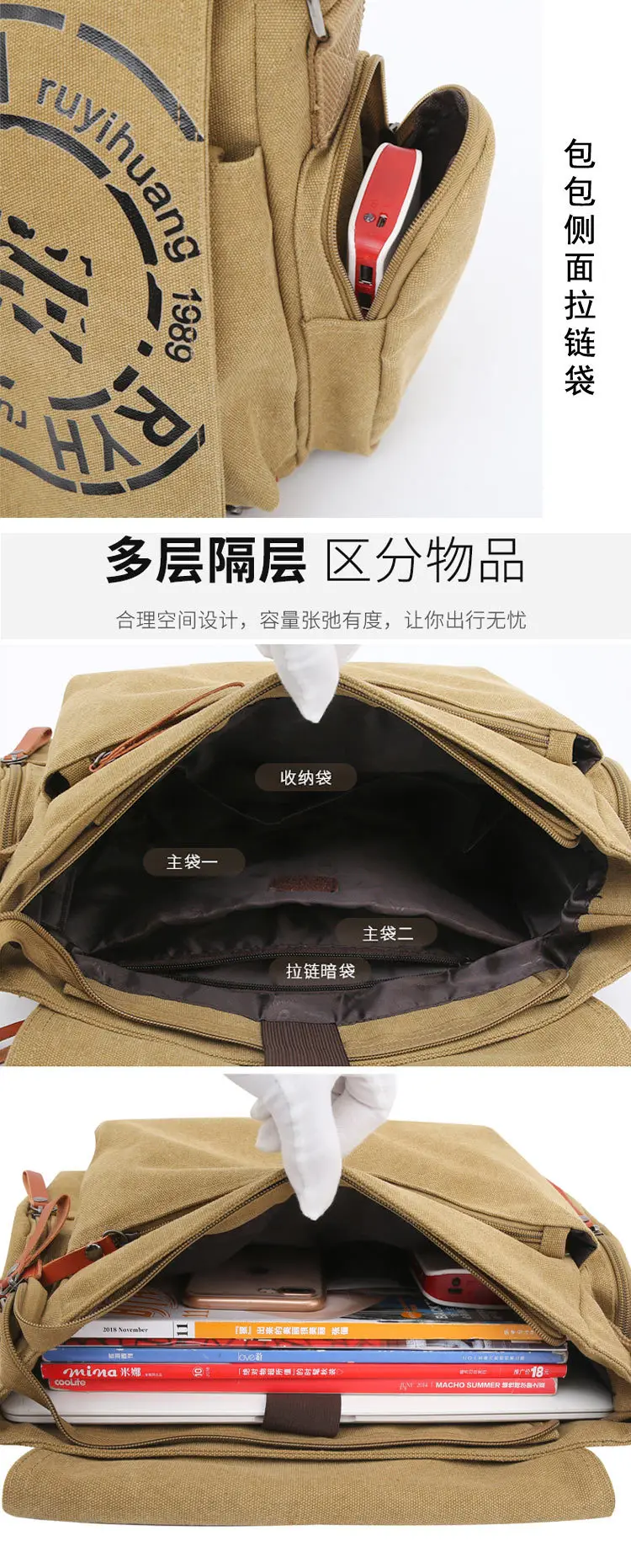 Large Capacity Briefcases Men Travel Bags Canvas Printed Weekend Shoulder Bags Multifunctional Messenger Flap Bags