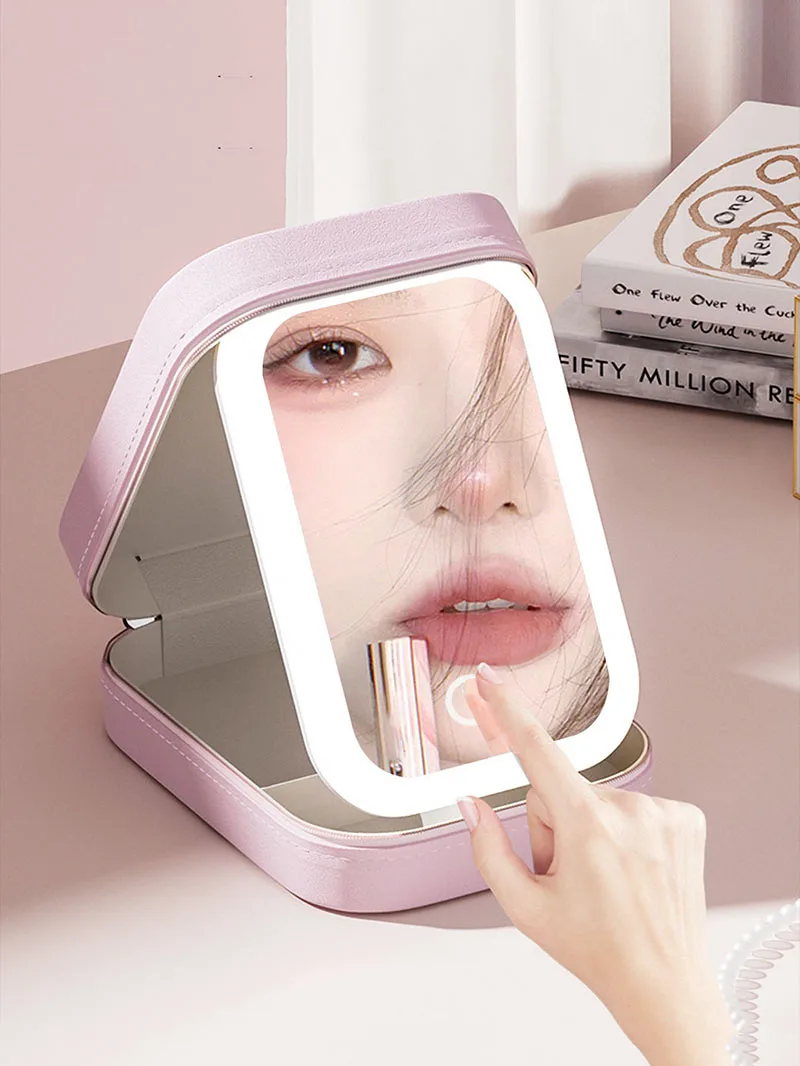 LED Makeup Bag With Mirror For Women Portable Cosmetic Storage Bag Small Lipstick Brush Wireless Makeup Box With Light
