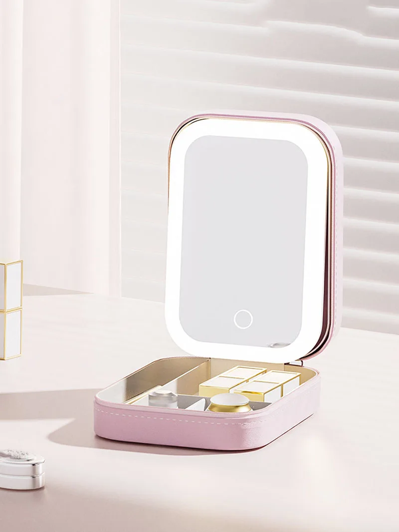 LED Makeup Bag With Mirror For Women Portable Cosmetic Storage Bag Small Lipstick Brush Wireless Makeup Box With Light