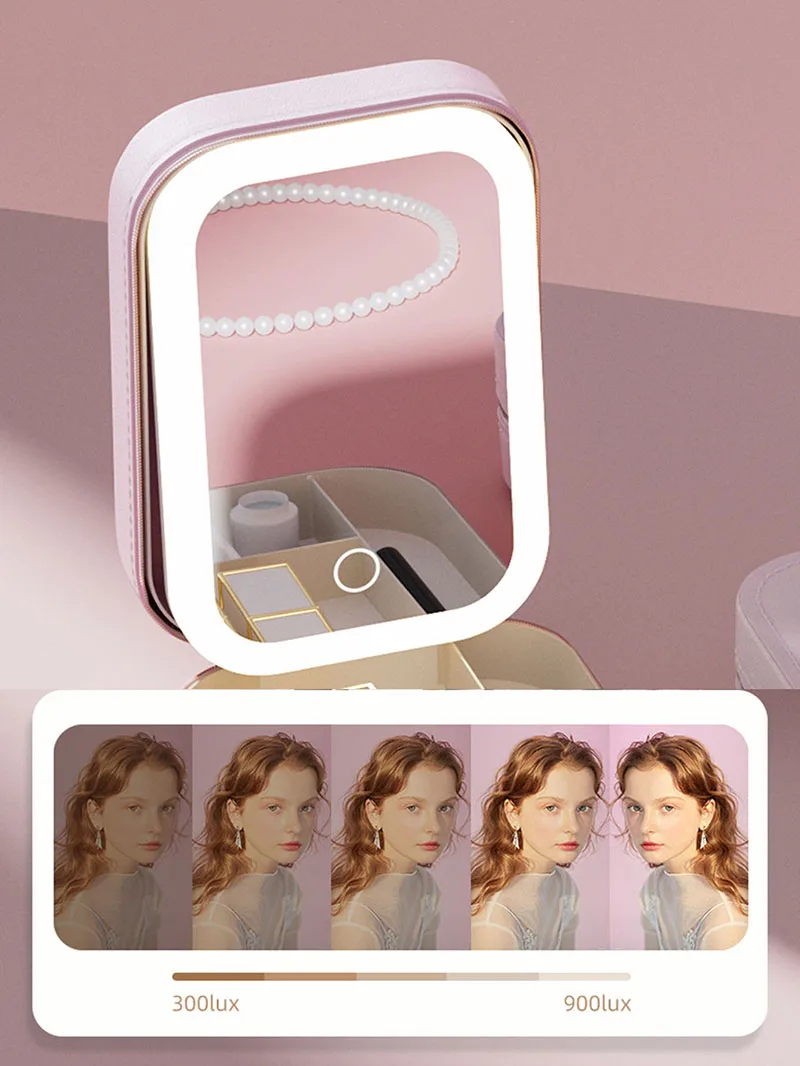 LED Makeup Bag With Mirror For Women Portable Cosmetic Storage Bag Small Lipstick Brush Wireless Makeup Box With Light