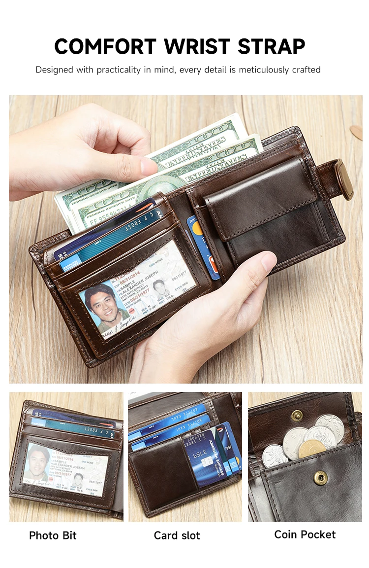 WESTAL Leather Men's Wallet Premium Oil Wax Leather Rfid Men's Cowhide Buckle Wallet Gift Anti-theft Brush