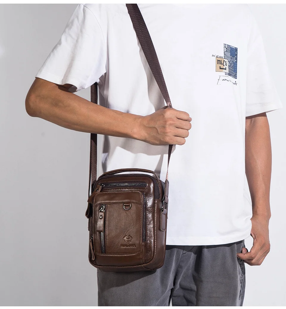 HUMERPAUL 100% Genuine Leather Men's Shoulder Messenger Bag Small Business Crossbody Handbag for Work Male Travel Sling Bolso
