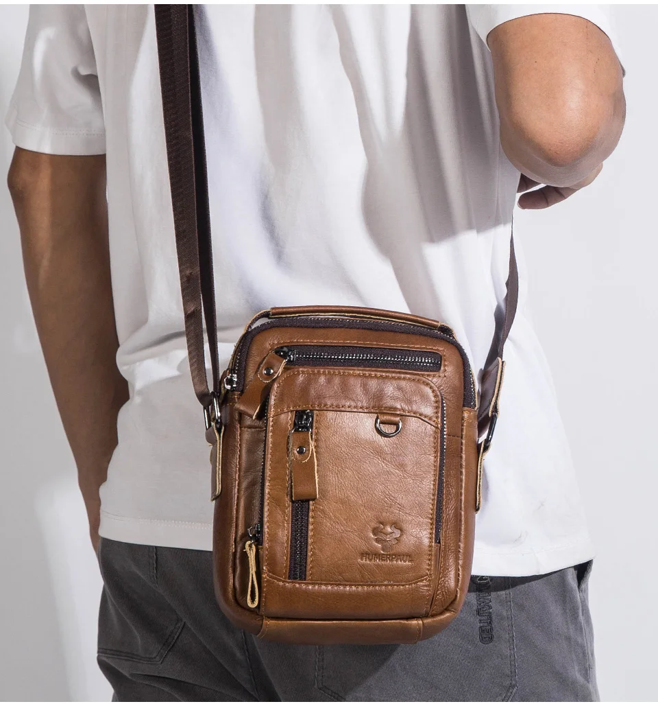 HUMERPAUL 100% Genuine Leather Men's Shoulder Messenger Bag Small Business Crossbody Handbag for Work Male Travel Sling Bolso