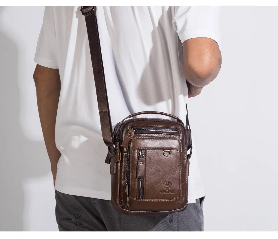 HUMERPAUL 100% Genuine Leather Men's Shoulder Messenger Bag Small Business Crossbody Handbag for Work Male Travel Sling Bolso