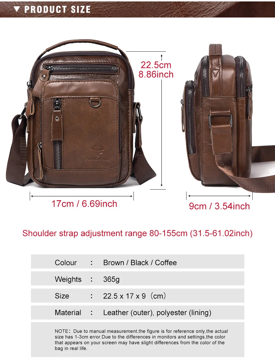 HUMERPAUL 100% Genuine Leather Men's Shoulder Messenger Bag Small Business Crossbody Handbag for Work Male Travel Sling Bolso