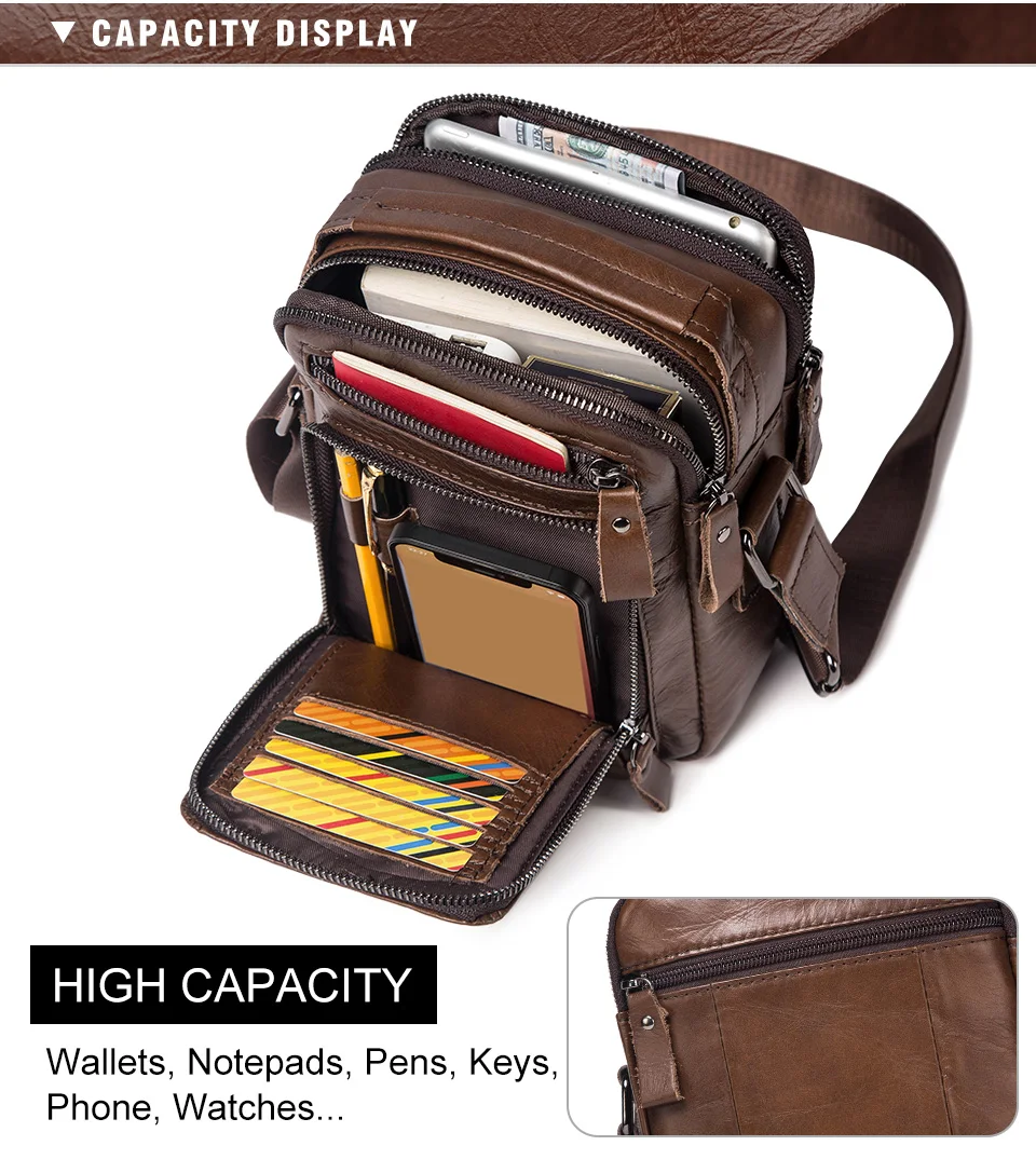 HUMERPAUL 100% Genuine Leather Men's Shoulder Messenger Bag Small Business Crossbody Handbag for Work Male Travel Sling Bolso