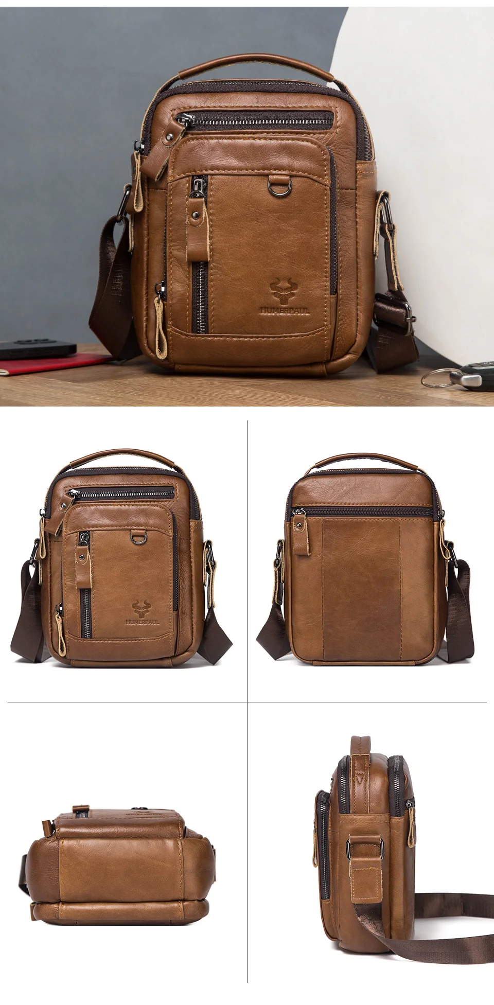 HUMERPAUL 100% Genuine Leather Men's Shoulder Messenger Bag Small Business Crossbody Handbag for Work Male Travel Sling Bolso