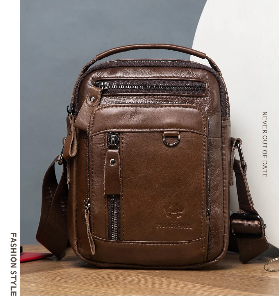 HUMERPAUL 100% Genuine Leather Men's Shoulder Messenger Bag Small Business Crossbody Handbag for Work Male Travel Sling Bolso