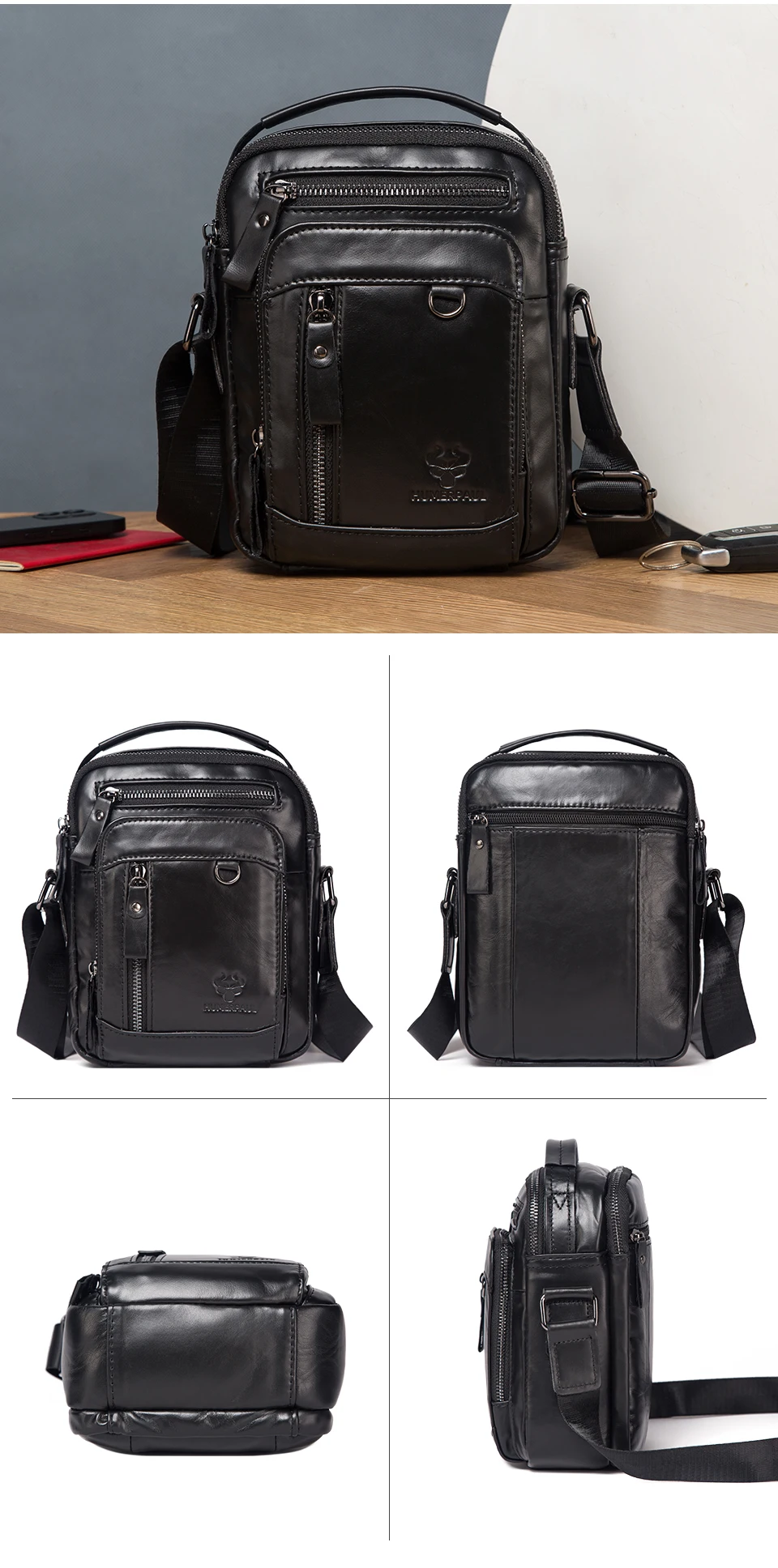 HUMERPAUL 100% Genuine Leather Men's Shoulder Messenger Bag Small Business Crossbody Handbag for Work Male Travel Sling Bolso