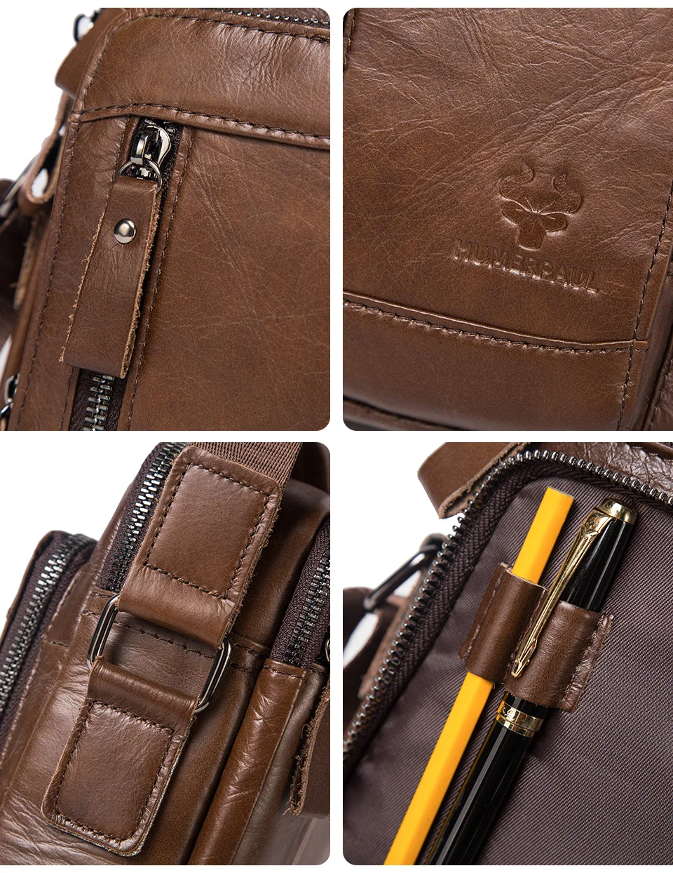 HUMERPAUL 100% Genuine Leather Men's Shoulder Messenger Bag Small Business Crossbody Handbag for Work Male Travel Sling Bolso