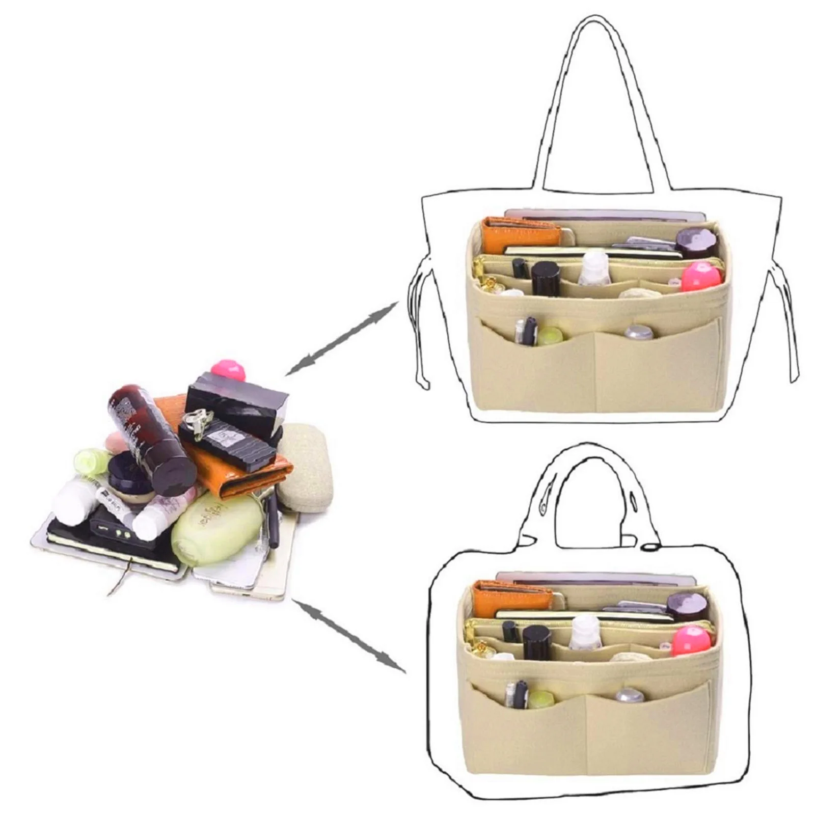 Felt Purse Organizer Insert - Travel Tote Bag Divider with Zipper, Handbag Insert for Longchamp, Neverfull, Speedy & More