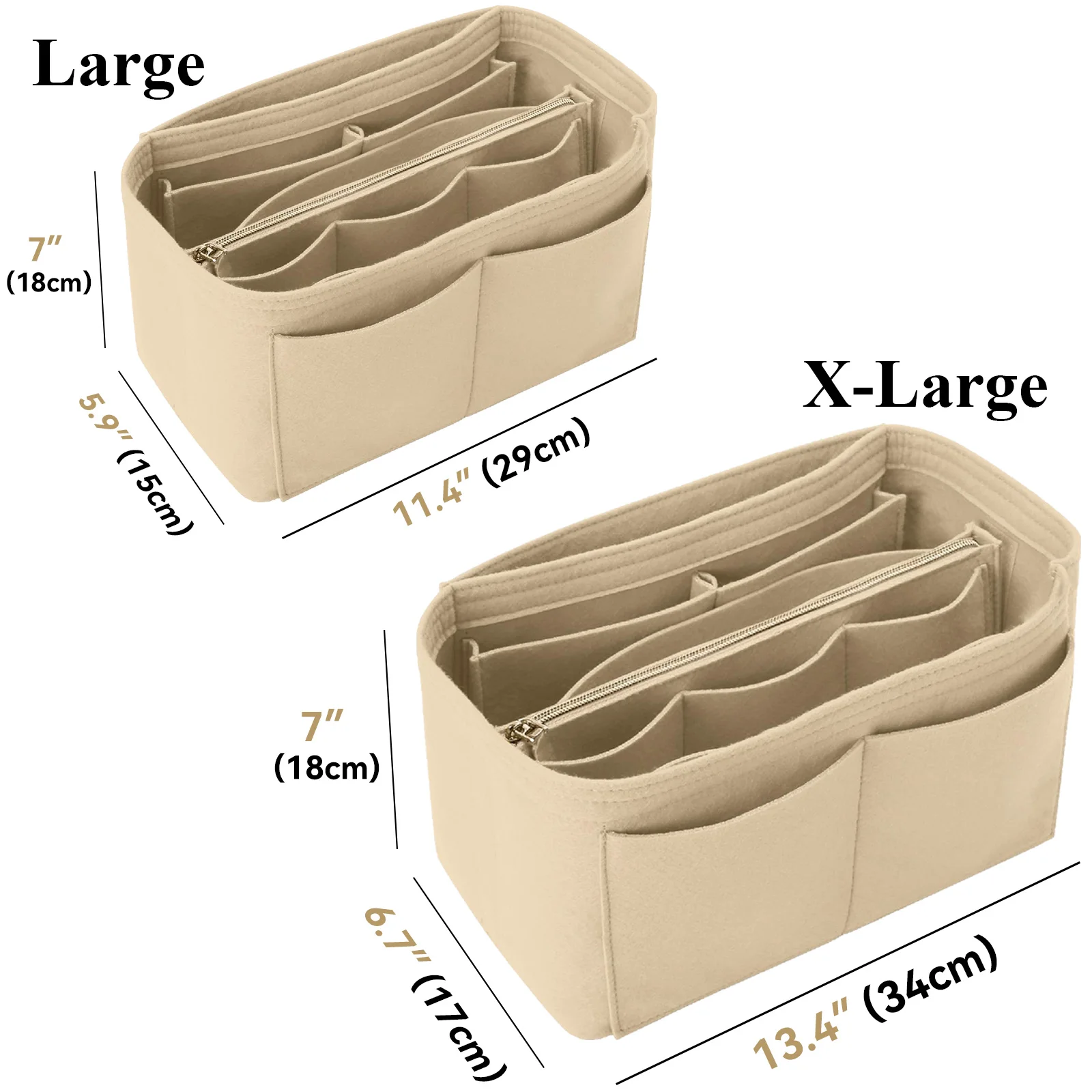Felt Purse Organizer Insert - Travel Tote Bag Divider with Zipper, Handbag Insert for Longchamp, Neverfull, Speedy & More